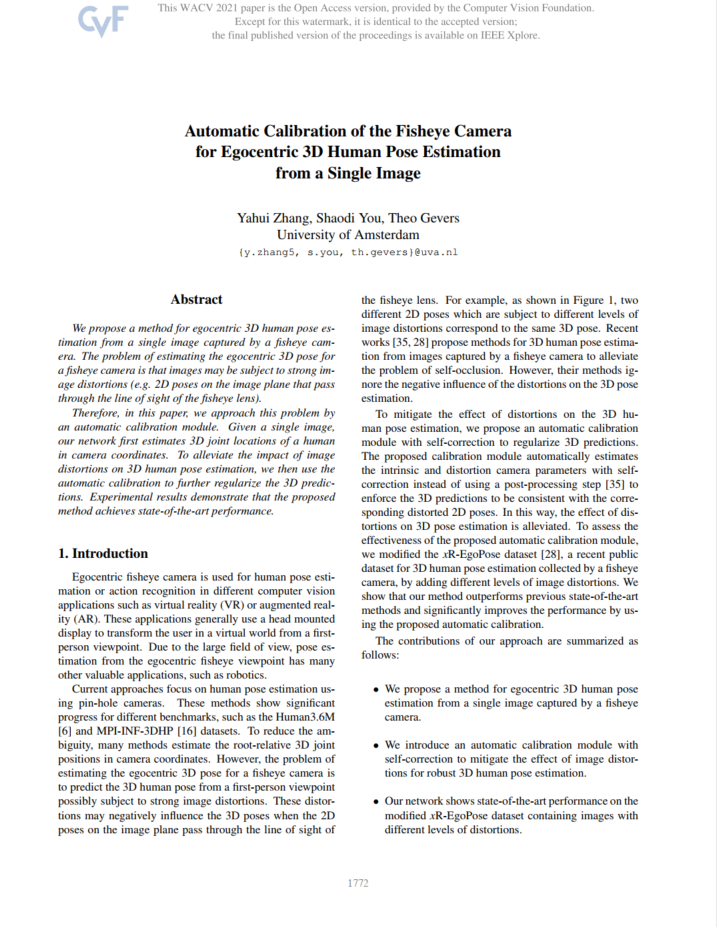 Automatic Calibration Of The Fisheye Camera For Egocentric D Human